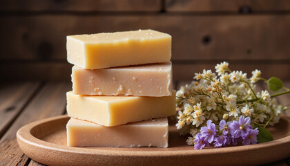 Handmade shampoo bars stacked on wooden tray with flowers, natural beauty