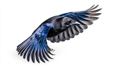 A photostock of a crow mid-flight with its wings outstretched, captured against a bright white background, symbolizing mystery. High Quality