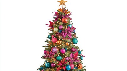 Obraz premium A detailed PNG of a Christmas tree decorated with vibrant ornaments, lights, and a star topper, set on a transparent background