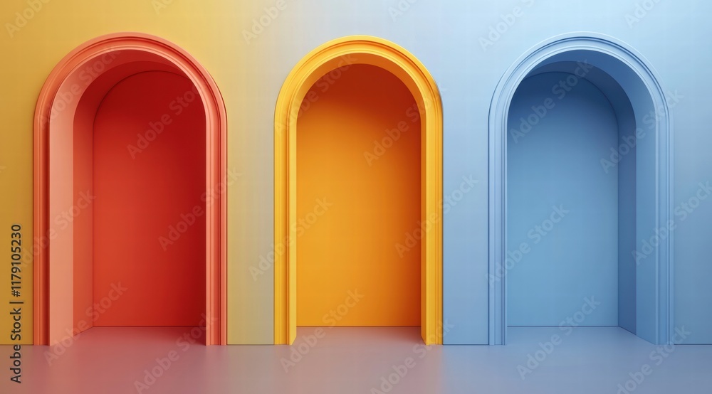 Poster abstract background with three arched doorways in different colors.