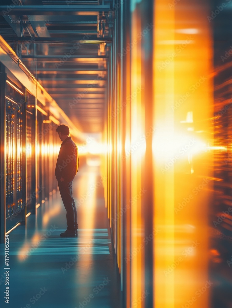 Poster side view of an it technician working in the aisle of a data center room in selective focus facing d