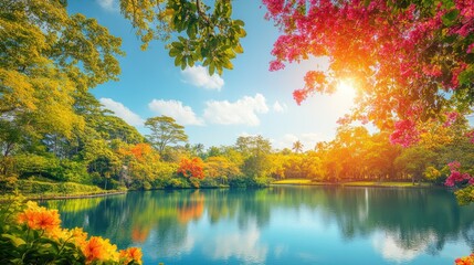 Fototapeta premium Serene pond reflecting trees, flowers, blue sky, sunlit park; nature, travel backgrounds