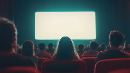 People are watching movie in the cinema or theater hall. Vector illustration of visiting cinema or theater to watch movie on the big screen. Screen blank with cory