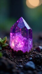 Glowing amethyst crystal nestled in the earth, earthy, purple