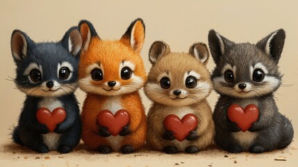 Adorable Four Furry Friends Sharing Hearts