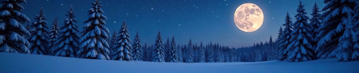 Fototapeta premium Snowy forest at dusk with twinkling stars and a full moon, stars, calm, forest