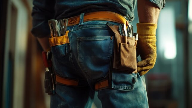 Close-up of handyman wearing gloves and tool belt on blue trousers during home renovation