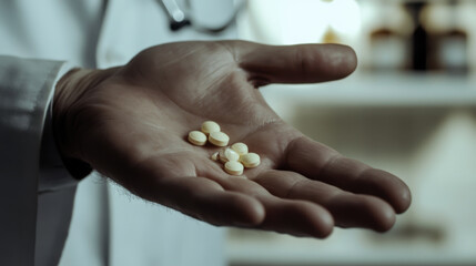 Hand holding a vitamin capsule against soft natural light in a tranquil setting