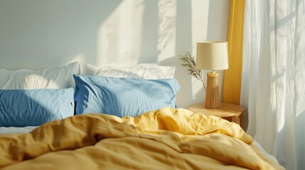 Yellow and blue bedding on white bed in minimal bedroom interior with lamp on wooden table