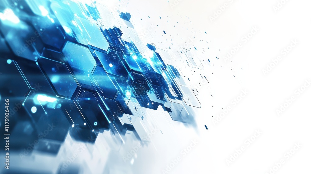 Poster modern 3d hexagonal technology abstract background features blue bright energy flashes under hexagon