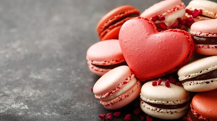 Obraz premium A close up shot of red and pink macarons stacked in a heart shape representing the themes of love romance and The delicate French pastries are displayed on a minimalist background