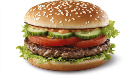 Fast food hamburger cartoon character with grilled patty, fresh tomato and cucumber slices, lettuce leaves for takeaway or cafe menu design