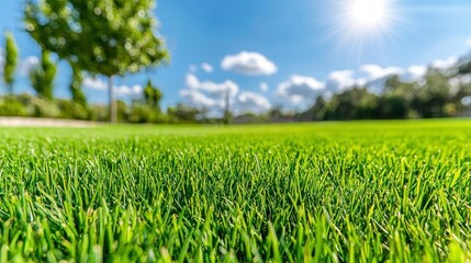 Fototapeta premium A photostock of a green field with perfectly manicured grass and soft sunlight highlighting its lushness, perfect for outdoor scenes. High Quality