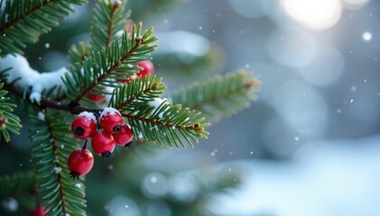 Evergreen branch with red berries against a snowy background, red berries, evergreen branches