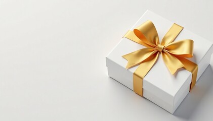 Gold bow ribbon at the corner of a white gift box, white, bow