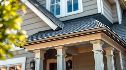 House Exterior Detail: Roofline, Gutters, and Porch Columns