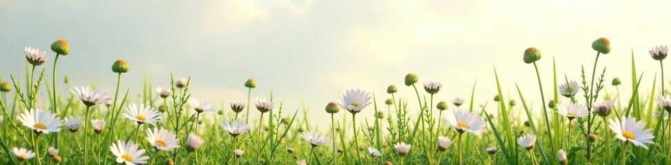 Fototapeta premium White grass with black wildflowers in a field, white, florals