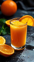 A glass of orange juice with ice and fruit