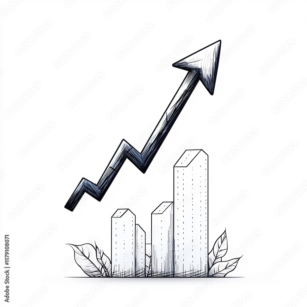 Poster analytical finance diagram with an upward pointing arrow set against a blank backdrop