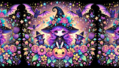 Fototapeta premium Adorable Halloween witch in a floral hat surrounded by bats, pumpkins, and colorful flowers in a magical setting.