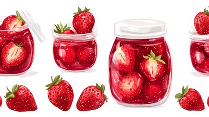 Seamless pattern of a sweet strawberry jam and berry. Watercolor hand drawn illustration.White background.