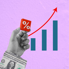 The human hand shows an increase chart and a cube with a percentage symbol