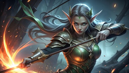 Powerful Warrior Elf with Horns and Glowing Eyes in an Enchanted Forest, Wearing Golden Armor and Surrounded by Fire Sparks, Depicting a Fierce and Mystical Fantasy Scene