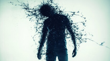 Dark figure dissolving into ink splatter, surreal disintegration.
