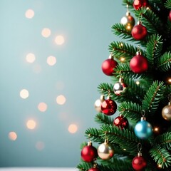 Naklejka premium Decorated evergreen tree with colorful ornaments and lights, winter wonderland, christmas tree, tree decorating