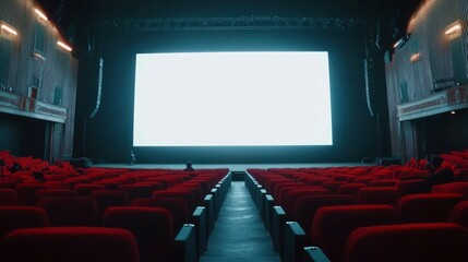 Fototapeta premium People in the cinema auditorium with empty white screen. 
