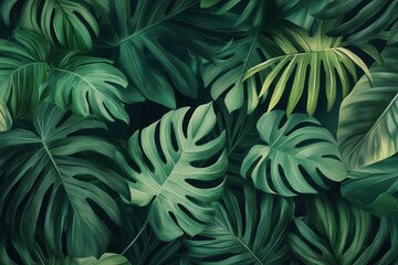 Fototapeta na wymiar Large, vibrant green leaves overlapping in a dense, natural pattern, showcasing the lush beauty and rich textures of a tropical jungle environment