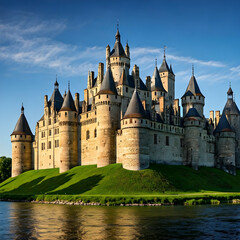 A castle with many towers is reflected in the water under a blue sky