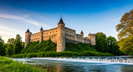 Obraz premium A castle with towers rises above a small waterfall on a sunny day