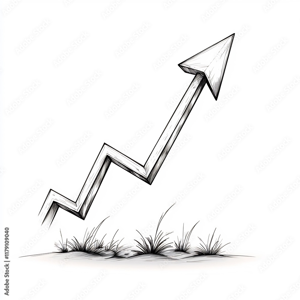 Poster minimalist stylized analytical finance diagram with upward pointing arrow symbolizing market progres