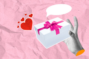 A human hand holding a gift box with a speech bubble and red heart on a colored background