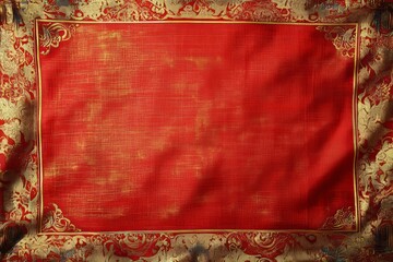 Elegant red background with intricate golden patterns and decorative borders.