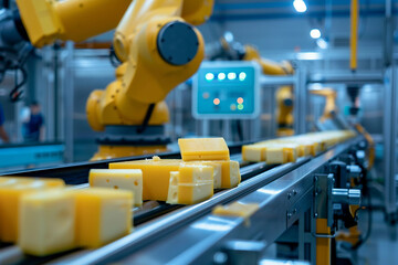 Generative AI Illustration of a Robot Automating Cheese Production in a Modern Factory Setting