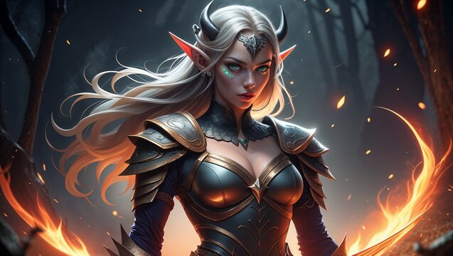 Powerful Warrior Elf with Horns and Glowing Eyes in an Enchanted Forest, Wearing Golden Armor and Surrounded by Fire Sparks, Depicting a Fierce and Mystical Fantasy Scene