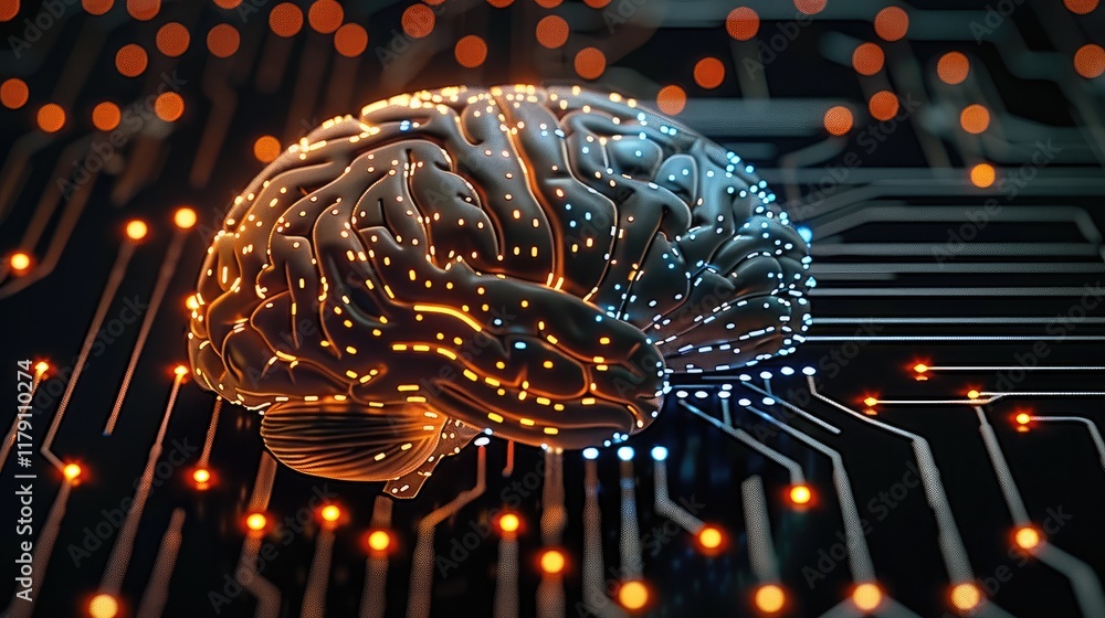 Leinwandbilder A conceptual image of artificial intelligence, with a human brain morphing into digital circuits and neural networks, representing innovation and science.