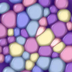 Digital illustration of abstract organic shapes in pastel colors including shades of purple, pink, blue and yellow. 3d rendering