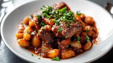Fototapeta premium Plate of hearty beef stew with potatoes, garnished parsley