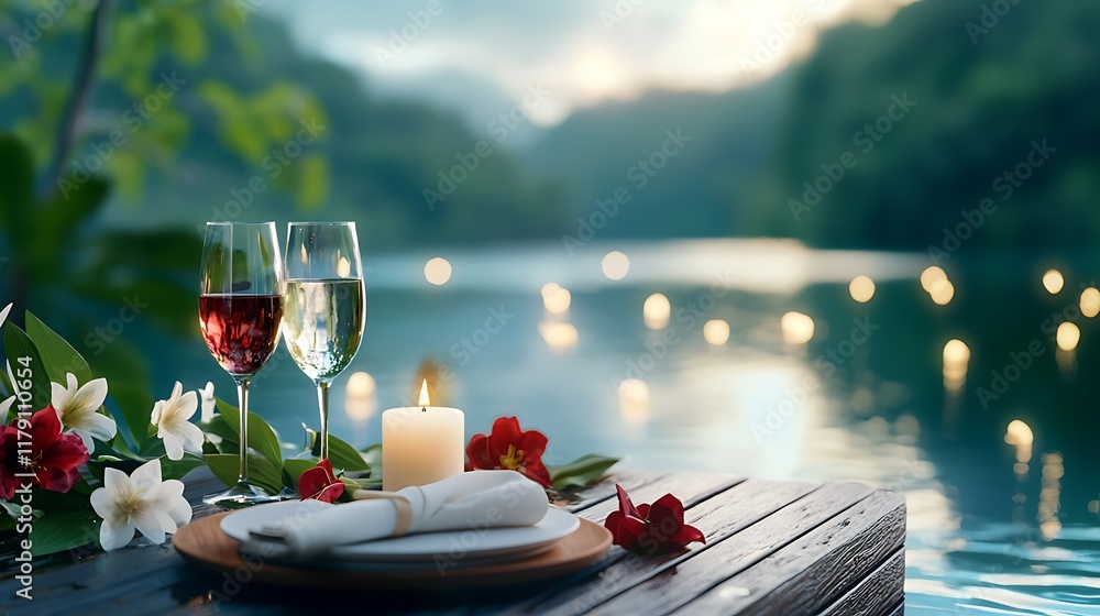 Poster candlelit romantic dinner on a floating deck surrounded by a tranquil lake sunset an elegant and int
