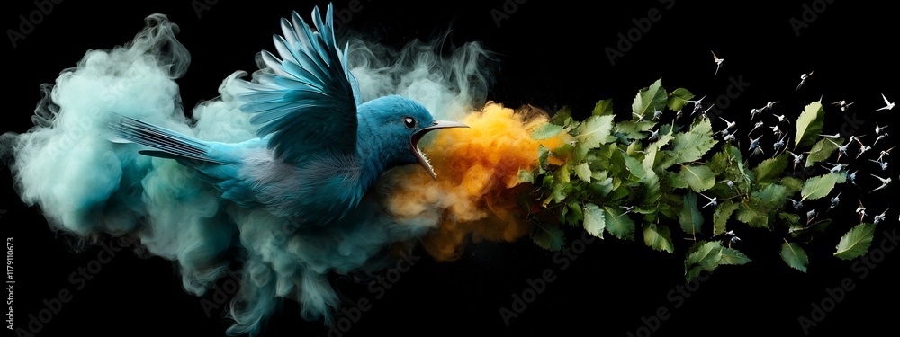 Poster spectral flock a vibrant 3d rendered visualization of the frequency content in a bird flock s collec