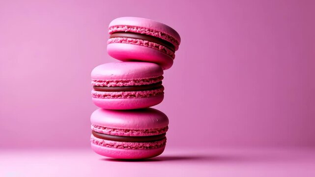 Pink macarons stacked on top of each other. The pink color of the macarons and the pink background create a sense of sweetness and indulgence