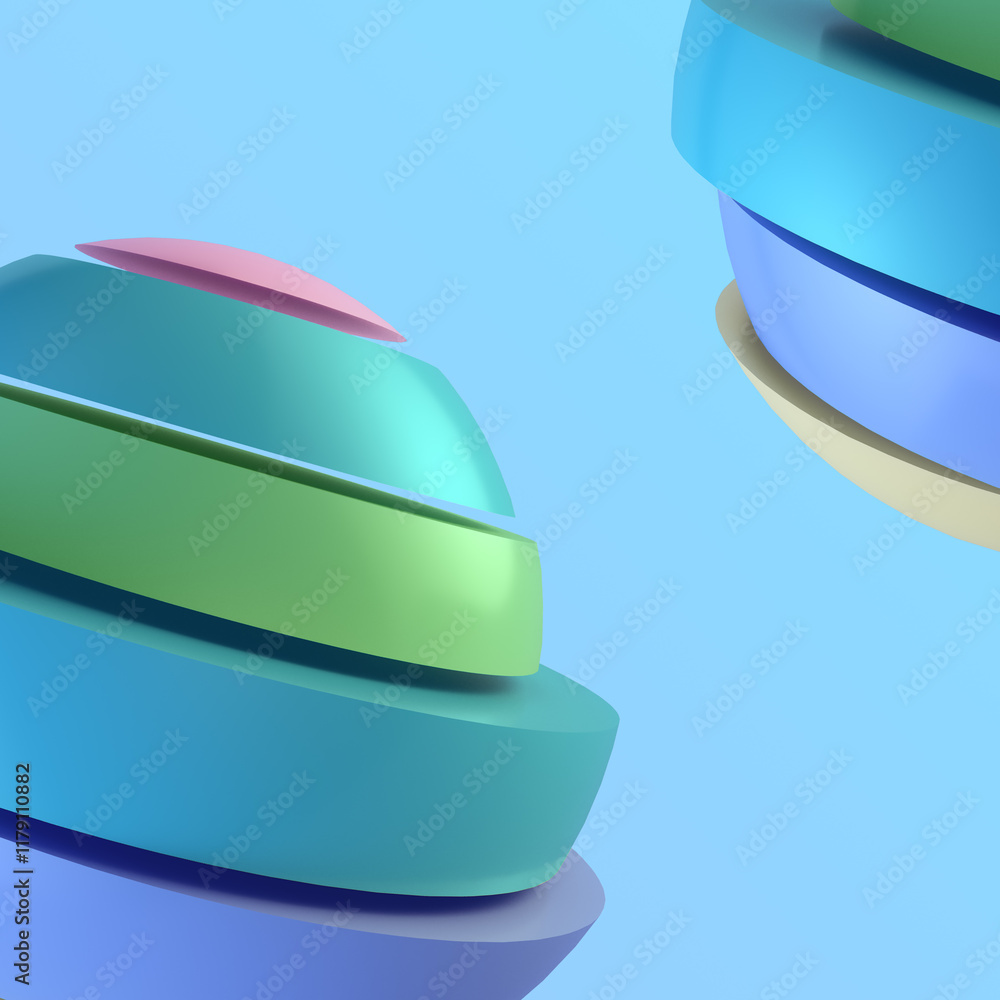 Poster color digital illustration of a voluminous sphere with separate layers of blue, green and pink. the 