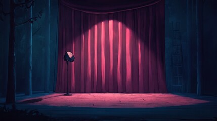 Theater stage with red curtains and spotlights. Theatrical scene in the light of searchlights, the interior of the old theater.