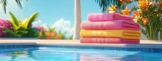 Colorful stack of towels beside a sparkling pool in a vibrant animated setting during a sunny day
