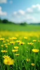 Fototapeta premium Bright yellow rapeseed flowers scattered on a green meadow, nature, landscape