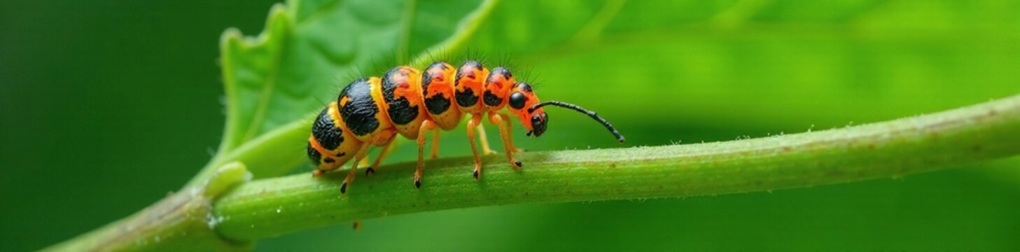 Fresh figwort weevil larva on scrophulariae plant stem, worm, figwort, leaf feeding