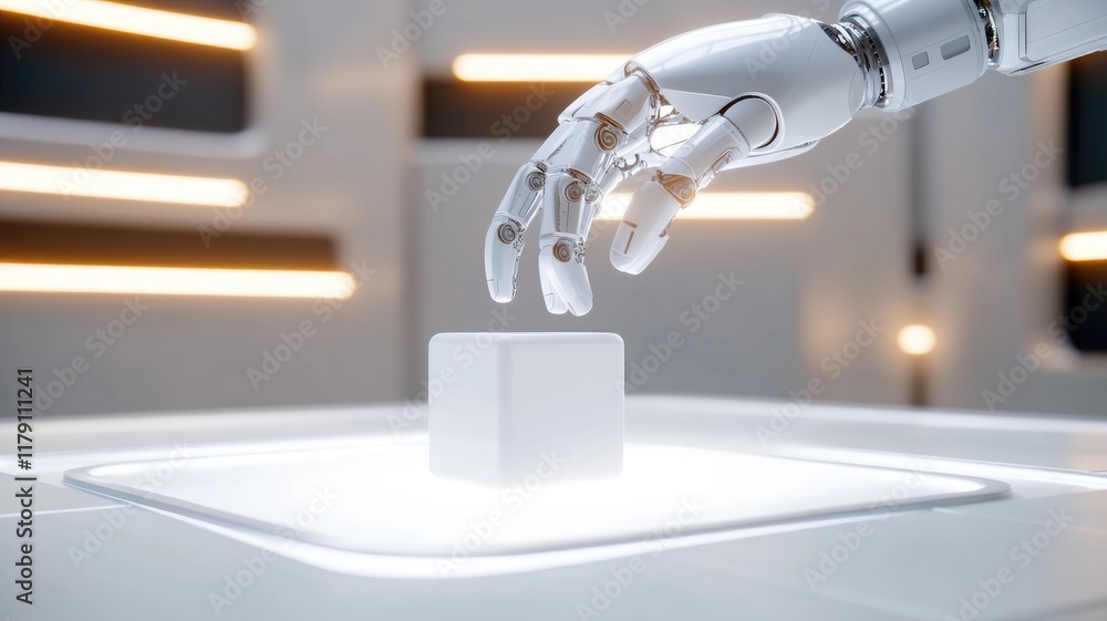 Poster robotic hand reaching for cube in futuristic setting